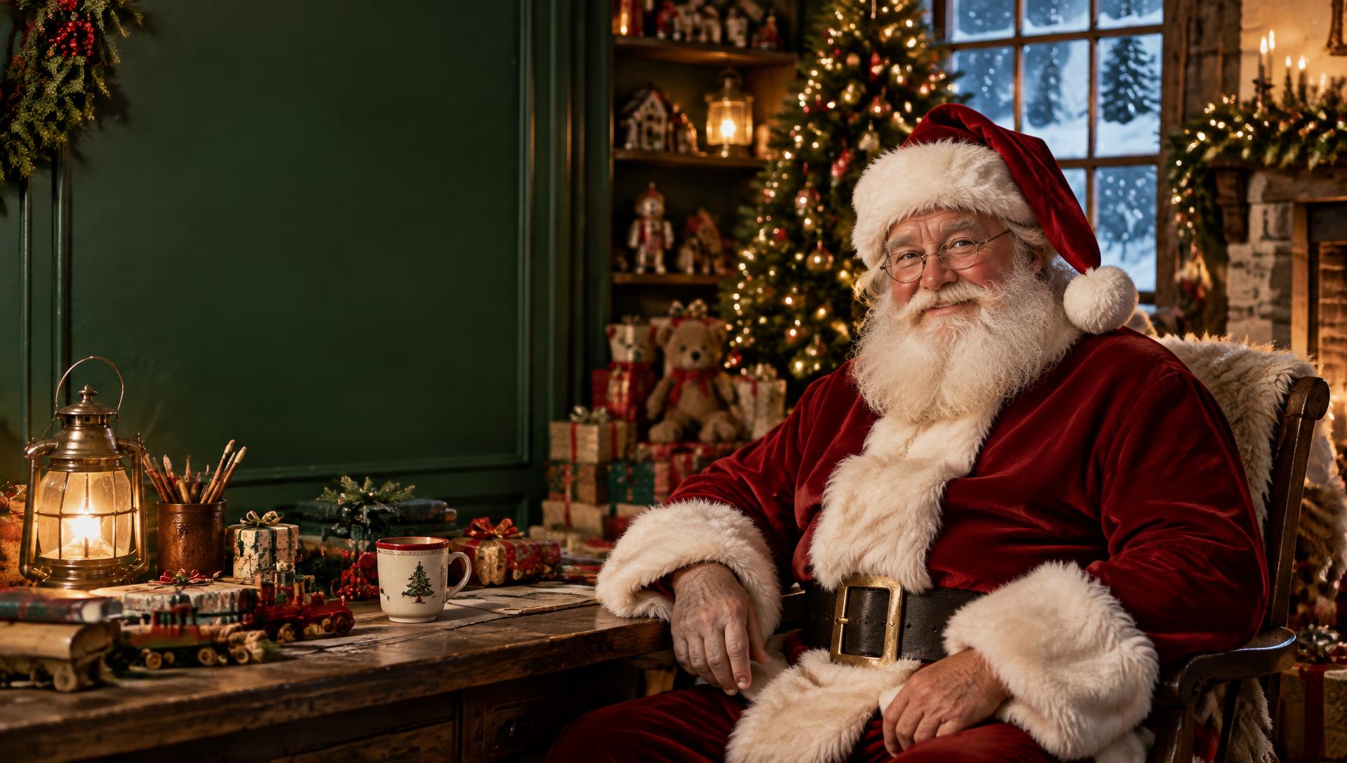 Papai Noel sorrindo em uma oficina natalina com presentes, árvore e luzes douradas